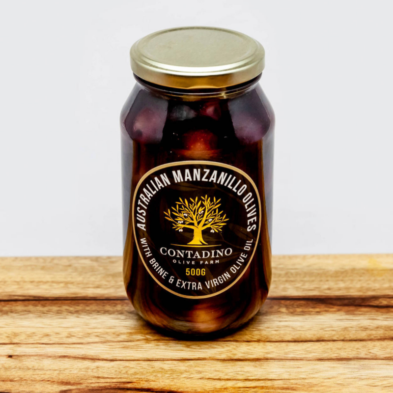 Australian Black Manzanillo Olives - Brine & Extra Virgin Olive Oil 500g